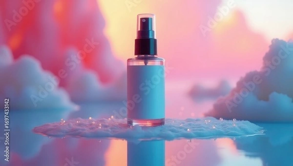 Fototapeta A translucent spray bottle, positioned on a bed of foam, is highlighted by vibrant, pastel colors.