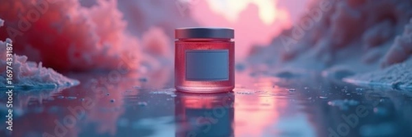 Fototapeta A glass jar with a blank label sits on a reflective surface surrounded by soft, pink and white, cloud-like formations, bathed in warm, colorful light.