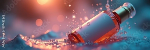 Fototapeta A delicate glass bottle, labeled in soft tones, rests gently in a vibrant splash of water, highlighting the product's elegant design.