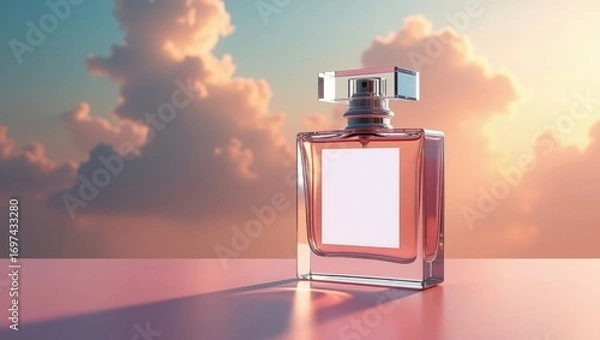 Fototapeta A translucent, glass perfume bottle rests on a soft pink surface, bathed in the warm light of a sunset sky.