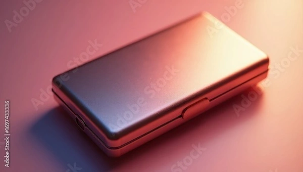 Fototapeta A metallic storage case, angled, with a gradient of rose and silver hues, sits on a soft, pink surface.