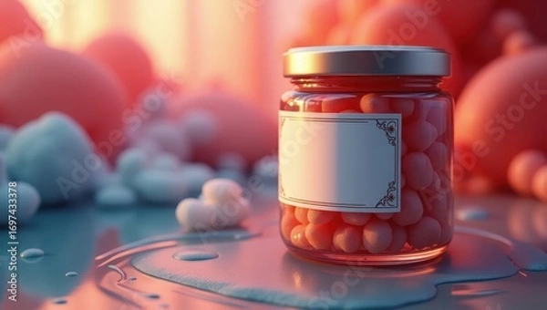 Fototapeta A glass jar filled with pink, round candies, set on a reflective surface with soft, diffused lighting and surrounding, soft-focus, pastel shapes.
