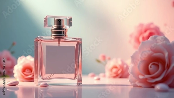 Fototapeta A delicate perfume bottle, adorned with soft pink roses, creates a romantic and elegant aesthetic.