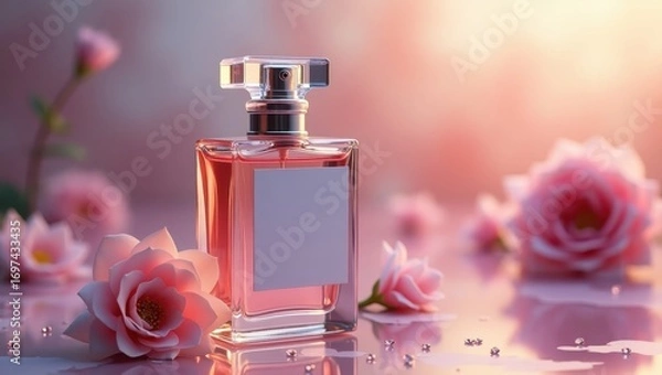 Fototapeta A captivating perfume bottle, surrounded by delicate pink roses, creates a serene and elegant visual.
