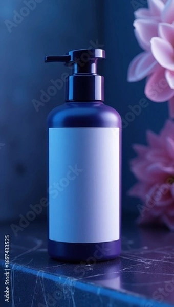 Fototapeta A dark purple pump bottle with a blank label sits on a marble surface, illuminated by cool blue and pink hues, highlighting its sleek design and elegant presentation.