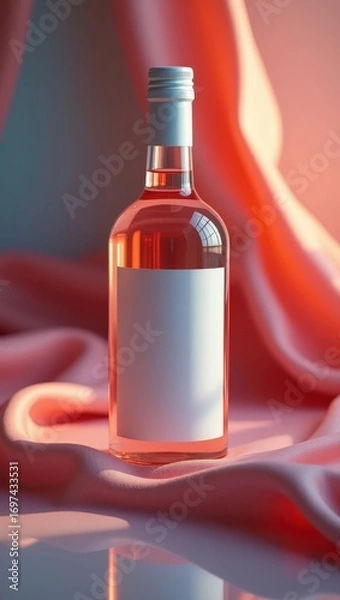 Fototapeta A?pink wine bottle with a blank label, presented on a draped, soft pink fabric backdrop, showcasing a warm and elegant ambiance.