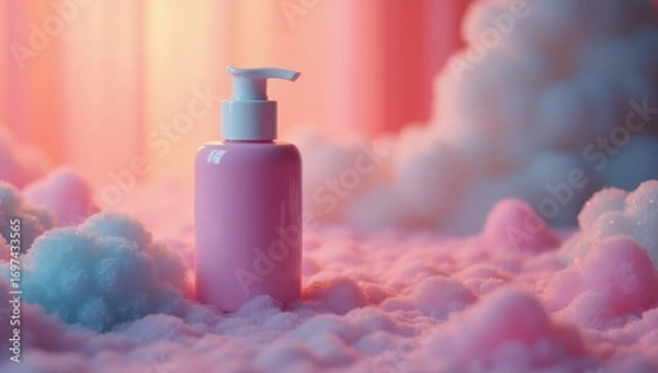 Fototapeta A pink bottle of liquid soap sits amongst soft, pastel-colored clouds, creating a whimsical and gentle aesthetic.