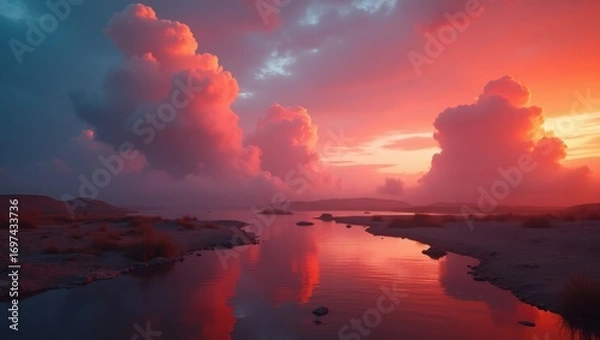 Fototapeta A serene landscape at sunset, with vibrant pink and orange clouds reflecting on a calm lake.