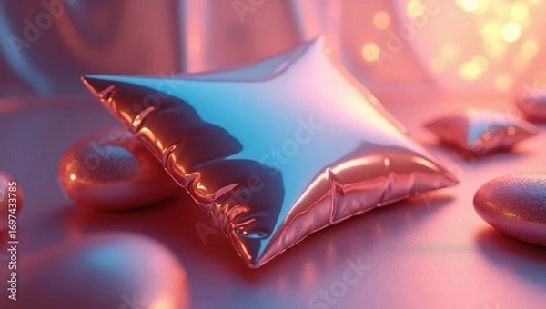 Fototapeta A glossy, rose-gold star-shaped inflatable pillow is centrally placed on a soft pink surface, surrounded by similar, smaller, and slightly out-of-focus objects in the same color scheme.