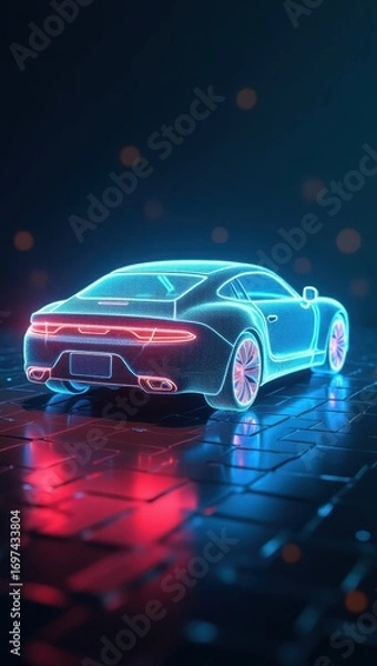 Fototapeta A futuristic car, outlined in vibrant neon blue and red, rests on a reflective paved surface, bathed in a captivating night ambiance.