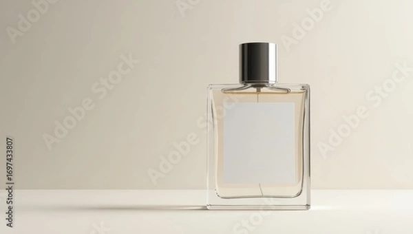 Fototapeta A rectangular, clear glass perfume bottle with a light beige liquid interior and a chrome-colored cap sits against a muted beige backdrop.