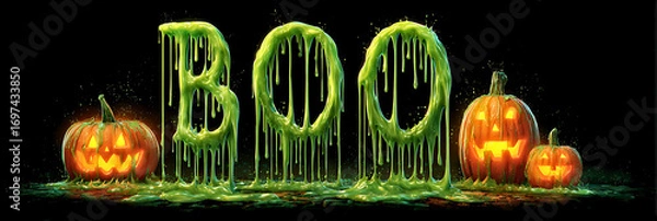 Fototapeta Spooky halloween boo text formed by green slime with glowing jack-o'-lanterns