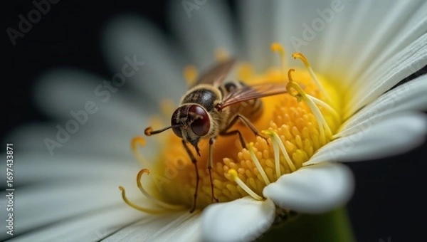 Fototapeta A close-up of a fly delicately resting on a white daisy's vibrant yellow center, showcasing the intricate details of the insect and flower in sharp focus against a dark background.