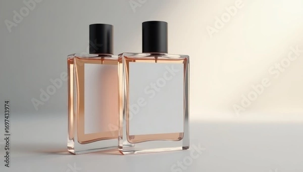 Fototapeta Two clear glass perfume bottles with light peachy-orange liquid and blank white labels are displayed on a simple white background.