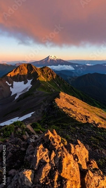 Fototapeta Mountain vista at dawn.  Sunrise hues paint jagged peaks, snow-capped summit, and shadowed slopes.  Rocky terrain, lush green slopes, and clouds