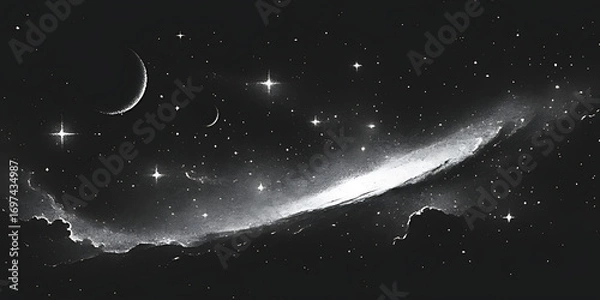 Fototapeta A Celestial Panorama Under a Starry Night Sky Featuring Crescent Moons and a Wispy Nebula Arching Across the Horizon Above Silhouetted Clouds and Distant Stars	