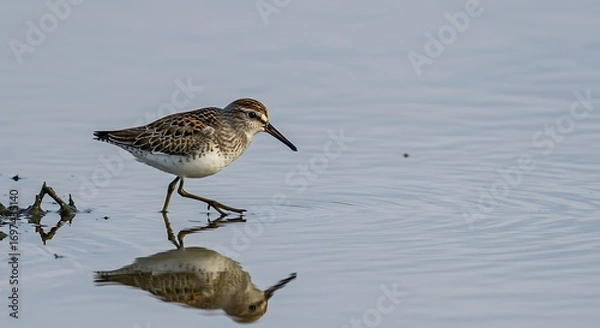 Fototapeta Shorebird walking on water reflection