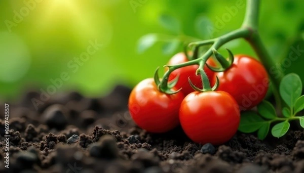 Fototapeta Fully grown red tomatoes cluster on healthy green plant, rich soil , red, ripe