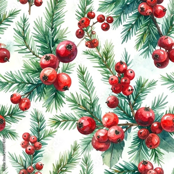 Fototapeta Watercolor pattern of red berries and pine branches on a white background