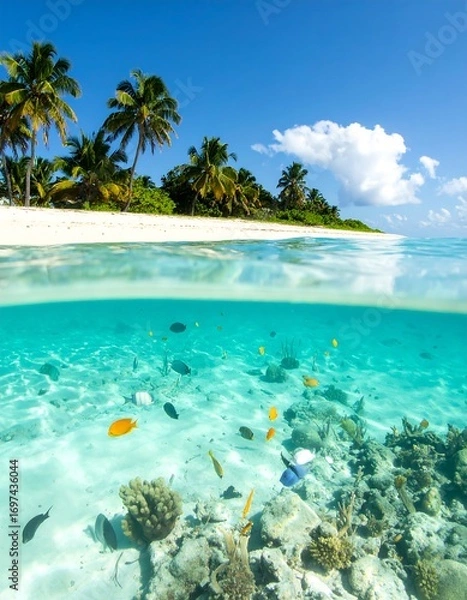 Fototapeta Tropical island beach split view; vibrant coral reef teeming with fish beneath crystal-clear water