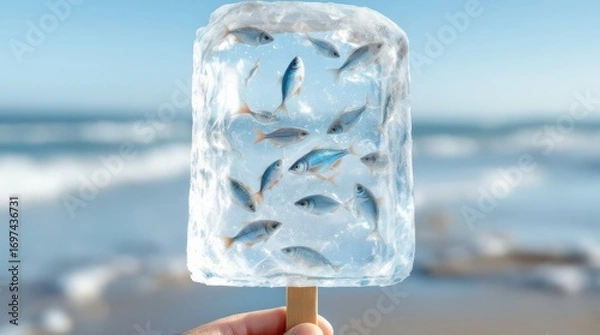Fototapeta Hand Holding a Surreal Popsicle with Frozen Fish Inside.