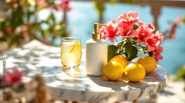 Fototapeta Summer Refreshment Still Life with Lemonade and Flowers by the Sea.