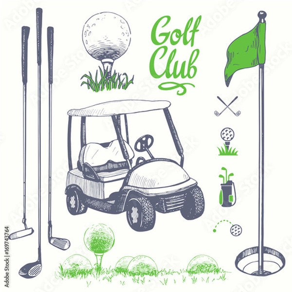 Fototapeta Golf set with basket, shoes, car, putter, ball, gloves, flag, bag. Vector set of hand-drawn sports equipment. Illustration in sketch style on white background. Handwritten ink lettering.