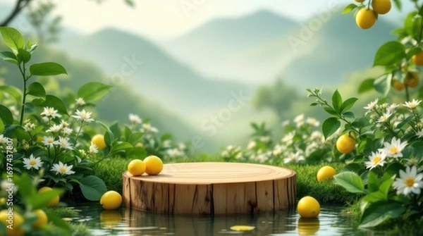 Fototapeta Lemon Grove Stage - A Natural Product Display in a Lush Garden.