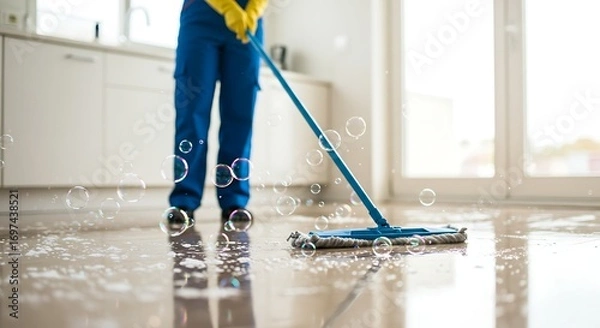 Fototapeta Person cleaning floor with mop