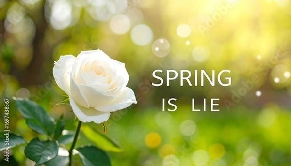 Fototapeta Close-up of a single white rose in a garden, with "SPRING IS LIFE" text, soft focus, and bright sunlight