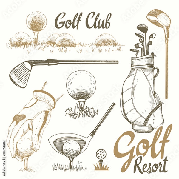 Fototapeta Zestaw golfowy z koszem, butami, miotaczem, piłką, rękawiczkami, flagą, torbą. Wektor zestaw sprzętu sportowego rysowane ręcznie. Ilustracja w stylu szkicu na białym tle. Odręczny napis atramentem.