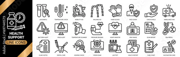 Fototapeta Health support icon set collection in outline style. an icon pack containing icons of vaccine dose, heart monitor, dental care, temperature check and more.