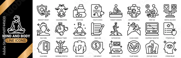 Fototapeta Mind and body icon set collection in outline style. an icon pack containing icons of meditation self care, fitness plan, calm mind and more.