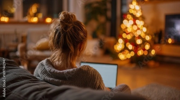 Fototapeta Young woman working on laptop in cozy living room during Christmas  