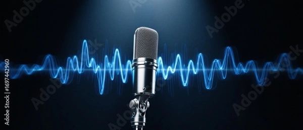 Fototapeta vintage studio microphone with dynamic blue cyber background for recording vocal and voice | podcast, music, technology, voice, communication theme