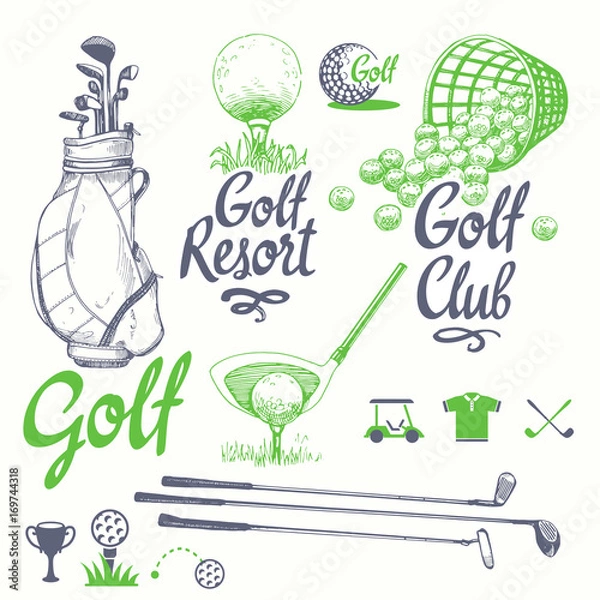 Fototapeta Golf set with buske, putter, ball, gloves, bag. Vector set of hand-drawn sports equipment. Illustration in sketch style on white background. Handwritten ink lettering.
