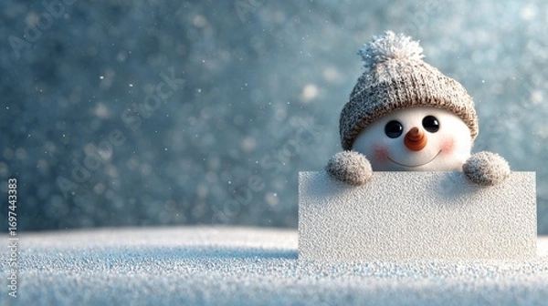 Fototapeta Cute snowman holding a blank banner mockup in a snowy winter landscape  