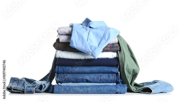 Fototapeta Stack of folded clothes, various colors and types, against white background