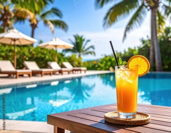Fototapeta Refreshing tropical orange cocktail with ice and mint garnish by the poolside, summer vacation vibe. Bright sunny day with palm trees and lounge chairs in the background.