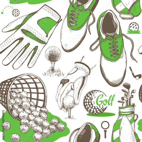Fototapeta Seamless golf pattern with basket, shoes, car, putter, ball, gloves, bag. Vector set of hand-drawn sports equipment. Illustration in sketch style on white background.