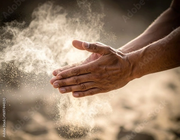 Fototapeta close-up action shot of two hands clapping together, creating a dramatic cloud of dust or particles in the air.