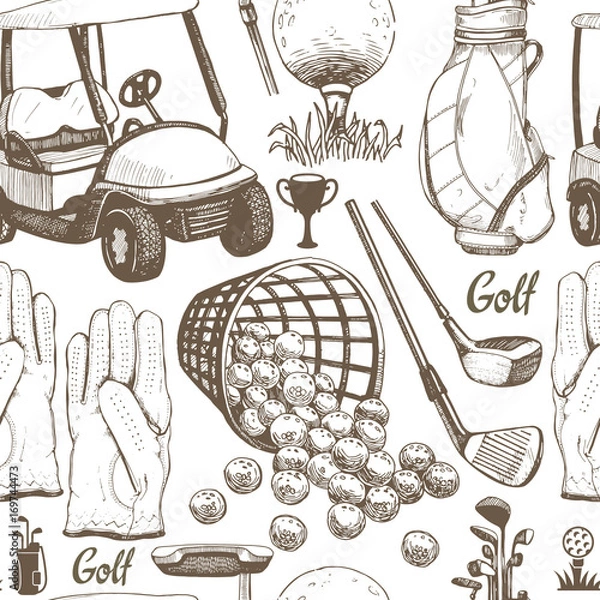 Fototapeta Seamless golf pattern with basket, shoes, car, putter, ball, gloves, bag. Vector set of hand-drawn sports equipment. Illustration in sketch style on white background.