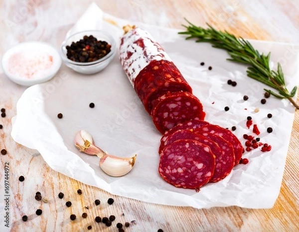 Fototapeta Sliced cured sausage on parchment paper, with spices and herbs