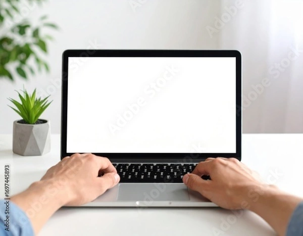 Fototapeta A first-person perspective of hands on a keyboard with a modern laptop featuring a blank white screen for mockups on a clean desk.