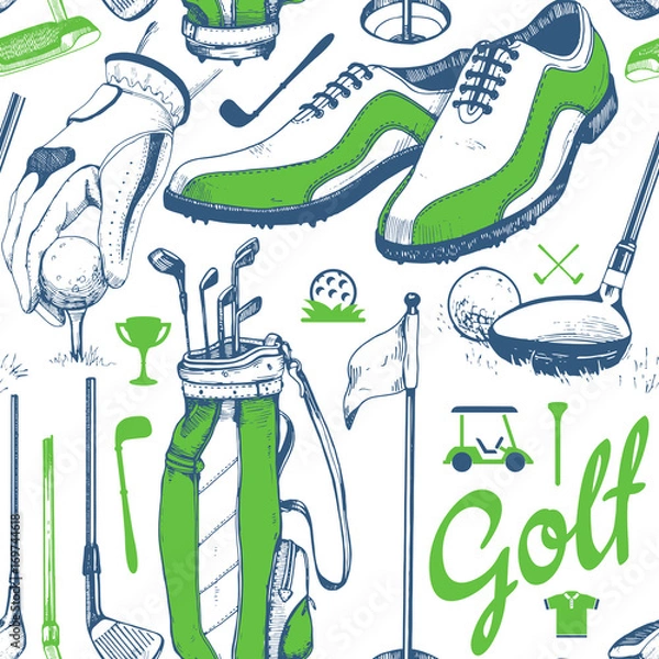 Fototapeta Seamless golf pattern with basket, shoes, car, putter, ball, gloves, flag, bag. Vector set of hand-drawn sports equipment. Illustration in sketch style on white background.
