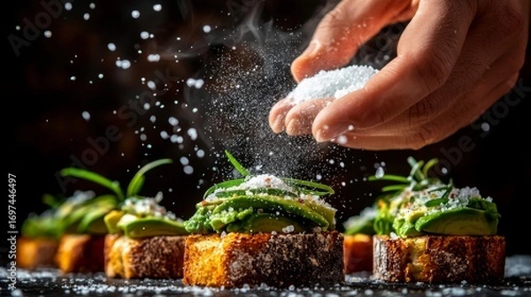 Fototapeta Hand Sprinkling Sea Salt on Avocado Toast for Culinary Presentation and Flavor Enhancement