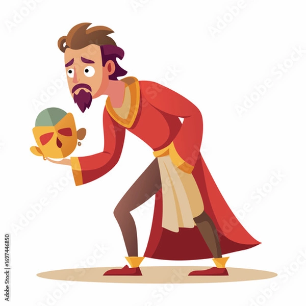 Obraz Cartoon illustration of hamlet contemplating yoricks skull, , in a dramatic pose