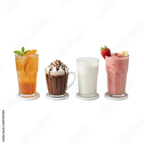 Obraz Modern cafe-style arrangement: iced peach tea, mocha coffee, soy milk, and strawberry-banana smoothie in a glass, a sweet and refreshing summer beverage