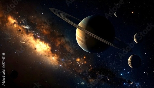 Fototapeta A majestic ringed gas giant planet with its moons orbiting in a vibrant cosmic nebula deep within a star-filled galaxy