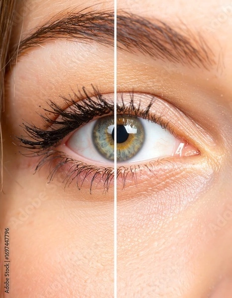 Fototapeta Close-up eye comparison, before and after treatment, showing improved eye makeup and lashes